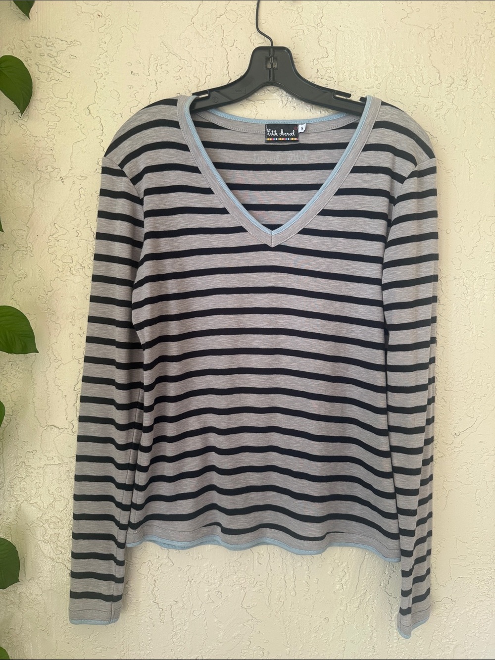 Little Marcel Gray & Navy Striped V-Neck Sweater with Light Blue Trim
